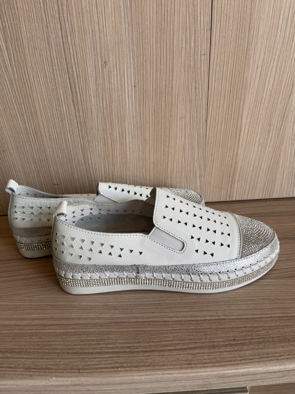 Bernie Mev White Perforated Slip-On Sneakers with Rhinestone Toes - Picture 5 of 8